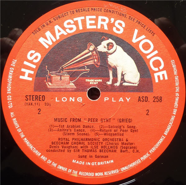 Edvard Grieg, Sir Thomas Beecham, Royal Philharmonic Orchestra, The Beecham Choral Society, Ilse Hollweg – Music For Peer Gynt LP vinyl record, image 4 of 4