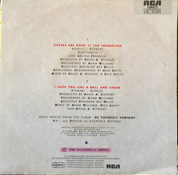 Eurythmics, Aretha Franklin – Sisters Are Doin' It For Themselves 7" vinyl record, image 2 of 4