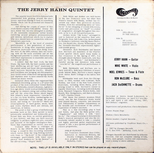The Jerry Hahn Quintet – Ara-Be-In LP vinyl record, image 2 of 4