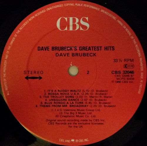 Dave Brubeck – Dave Brubeck's Greatest Hits LP vinyl record, image 4 of 4