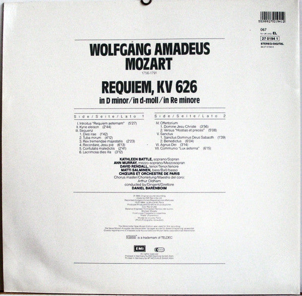 Wolfgang Amadeus Mozart, Kathleen Battle, Ann Murray, David Rendall, Matti Salminen, Chœur De L'Orchestre De Paris, Orchestre De Paris – Requiem LP vinyl record, image 2 of 5