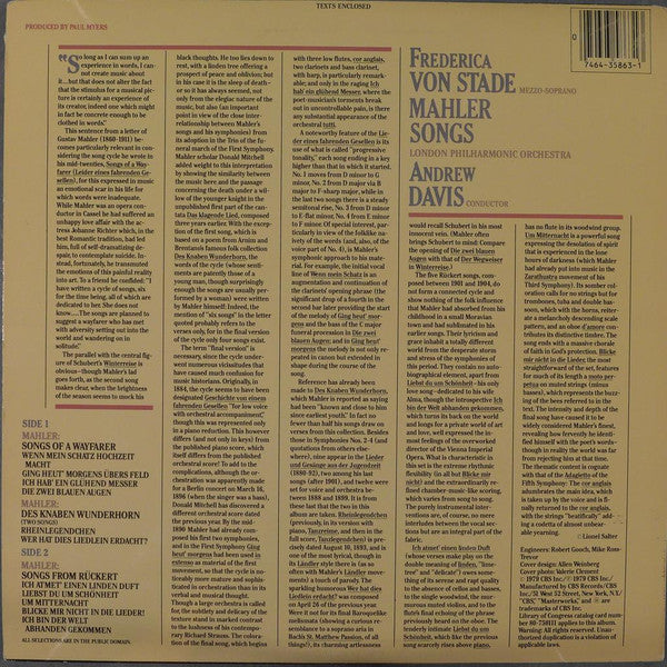 Frederica von Stade, London Philharmonic Orchestra, Andrew Davis, Gustav Mahler – Songs Of A Wayfarer / Rückertlieder / Two Songs From Des Knaben Wunderhorn LP vinyl record, image 2 of 6
