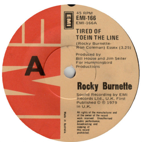 Rocky Burnette – Tired Of Toein The Line 7" vinyl record, image 1 of 2