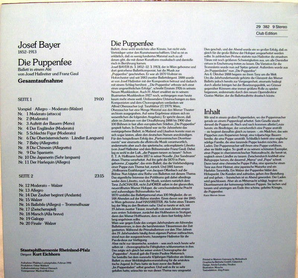 Josef Bayer, Staatsphilharmonie Rheinland-Pfalz, Kurt Eichhorn – Die Puppenfee - Ballett Gesamtaufnahme LP vinyl record, image 2 of 3