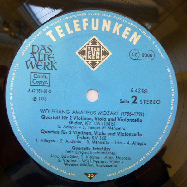 Wolfgang Amadeus Mozart, Quartetto Esterházy – Streichquartette = String Quartets = Quatuors À Cordes KV 156, KV 168, KV 173 LP vinyl record, image 4 of 4