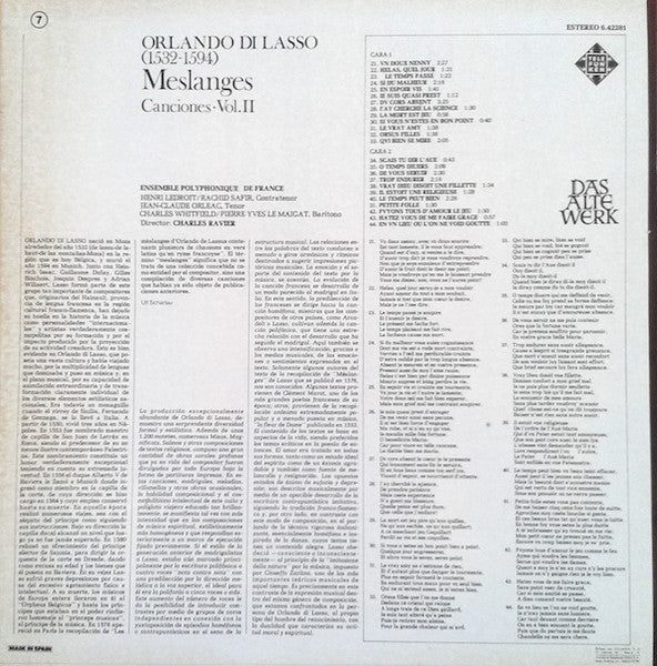 Roland de Lassus, Ensemble Polyphonique De L'O.R.T.F. – Les Meslanges - Canciones · Vol. II LP vinyl record, image 2 of 2
