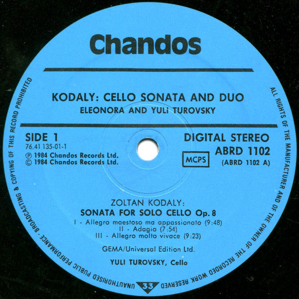 Zoltán Kodály, Yuli Turovsky, Eleonora Turovsky – Solo Cello Sonata Op.8 / Duo For Violin And Cello Op.7 LP vinyl record, image 3 of 4