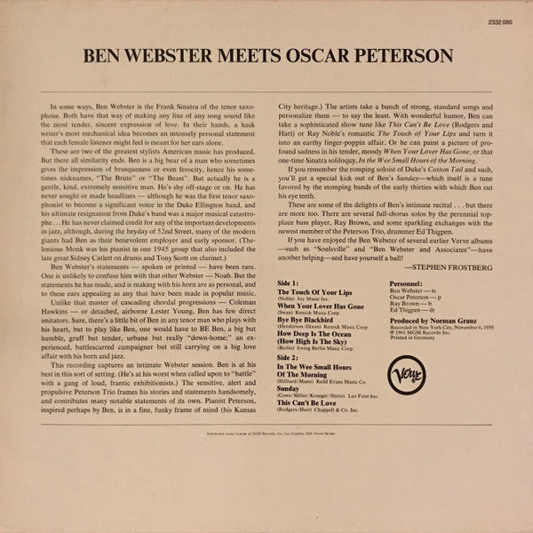 Ben Webster, Oscar Peterson – Ben Webster Meets Oscar Peterson LP vinyl record, image 2 of 5