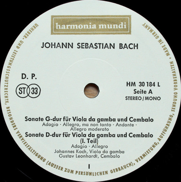 Johann Sebastian Bach, Johannes Koch, Gustav Leonhardt – Drei Sonaten Für Viola Da Gamba Und Cembalo BWV 1027 · 1028 · 1029 LP vinyl record, image 3 of 4