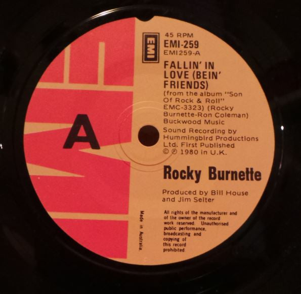 Rocky Burnette – Fallin' In Love (Bein' Friends) 7" vinyl record, image 1 of 2