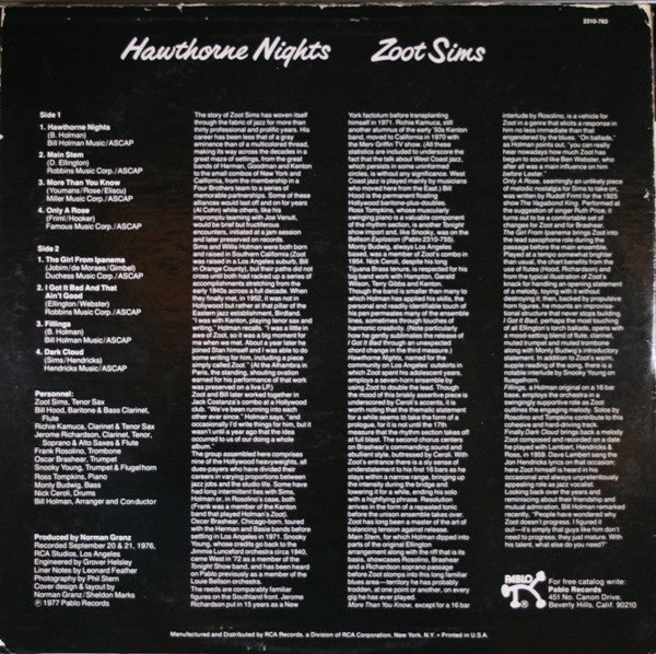 Zoot Sims – Hawthorne Nights LP vinyl record, image 2 of 4