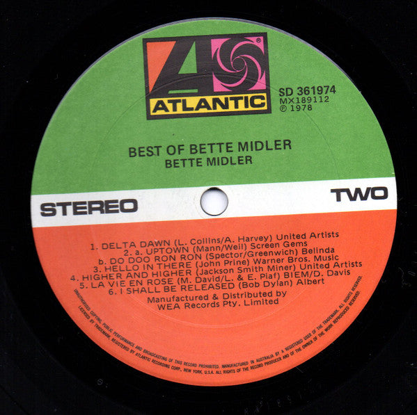 Bette Midler – The Best Of Bette LP vinyl record, image 4 of 4