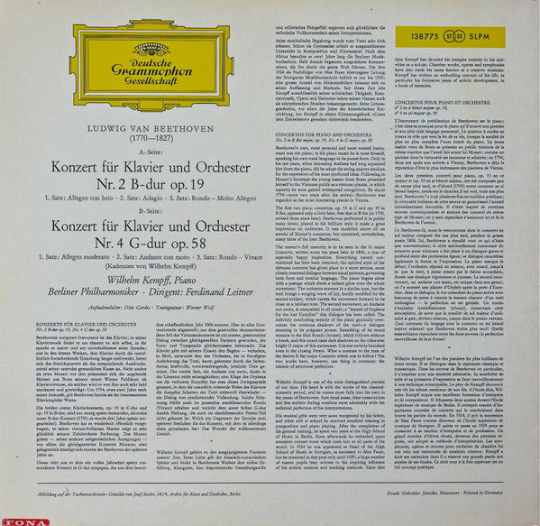 Ludwig van Beethoven, Wilhelm Kempff, Berliner Philharmoniker, Ferdinand Leitner – Klavierkonzerte Nr. 2 • Nr. 4 LP vinyl record, image 2 of 5