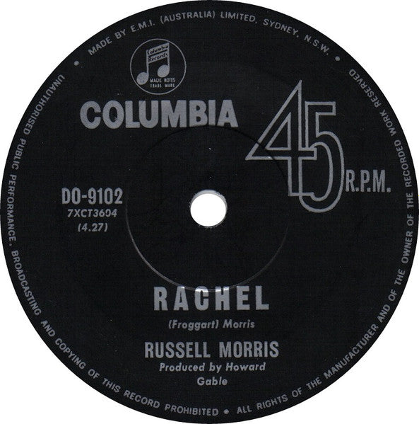 Russell Morris – Rachel 7" vinyl record, image 1 of 2