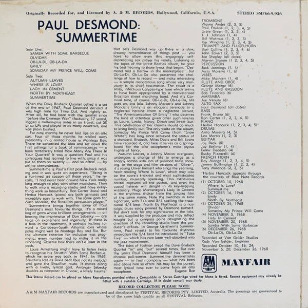 Paul Desmond – Summertime LP vinyl record, image 2 of 4