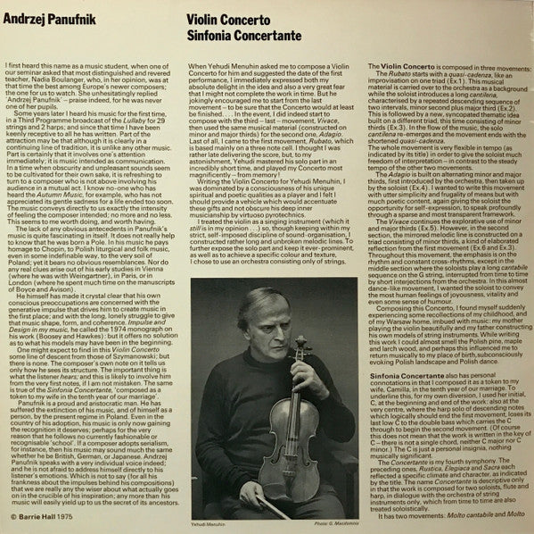 Andrzej Panufnik, Yehudi Menuhin, Menuhin Festival Orchestra, Aurèle Nicolet, Osian Ellis – Concerto For Violin And Strings / Sinfonia Concertante LP vinyl record, image 2 of 6