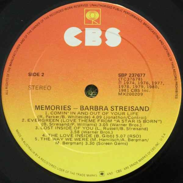 Barbra Streisand – Memories LP vinyl record, image 6 of 6