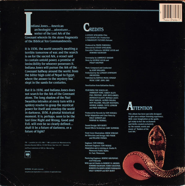 John Williams – Raiders Of The Lost Ark: The Movie On Record LP vinyl record, image 4 of 9