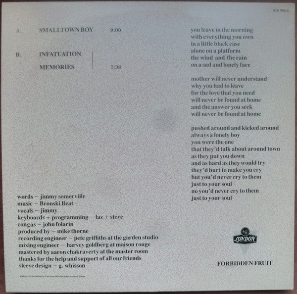 Bronski Beat – Smalltown Boy 12" vinyl record, image 2 of 4