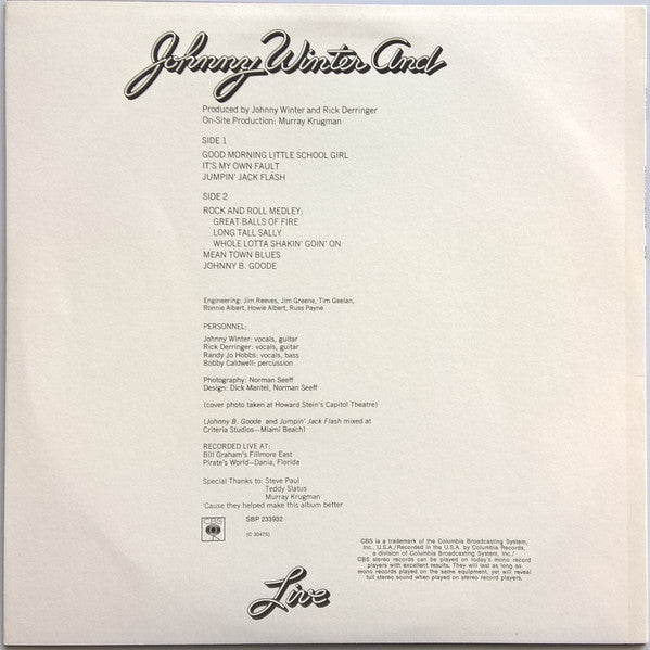 Johnny Winter And – Live Johnny Winter And LP vinyl record, image 2 of 4