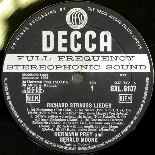 Richard Strauss, Hermann Prey, Gerald Moore – Lieder LP vinyl record, image 3 of 3