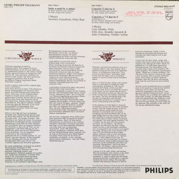 Georg Philipp Telemann, Severino Gazzelloni, Cino Ghedin, Félix Ayo, I Musici – Suite A-Moll = Suite In A Minor / Concerti In G & F LP vinyl record, image 2 of 4