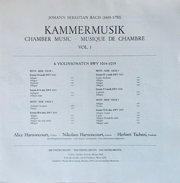 Johann Sebastian Bach, Nikolaus Harnoncourt – Kammermusik (Chamber Music · Musique De Chambre) Vol. 1: 6 Violinsonaten, BWV 1014-1019 (2xLP) LP vinyl record, image 7 of 10