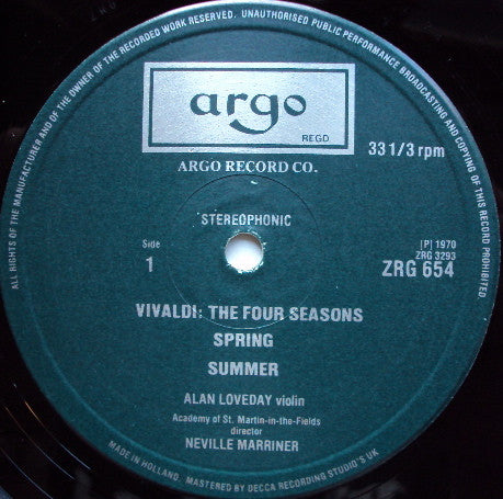 Antonio Vivaldi, The Academy Of St. Martin-in-the-Fields, Sir Neville Marriner, Alan Loveday – The Four Seasons LP vinyl record, image 3 of 5