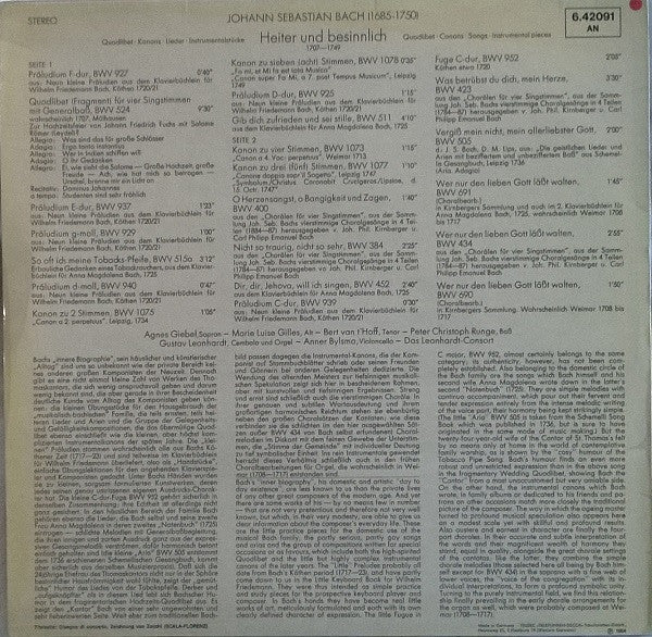 Johann Sebastian Bach, Leonhardt-Consort – Heiter Und Besinnlich: Quodlibet - Kanons - Lieder - Instrumentalstücke LP vinyl record, image 2 of 6