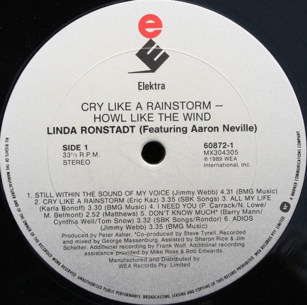 Linda Ronstadt, Aaron Neville – Cry Like A Rainstorm - Howl Like The Wind LP vinyl record, image 4 of 8