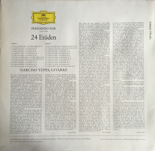 Fernando Sor, Narciso Yepes – 24 Etüden LP vinyl record, image 2 of 3