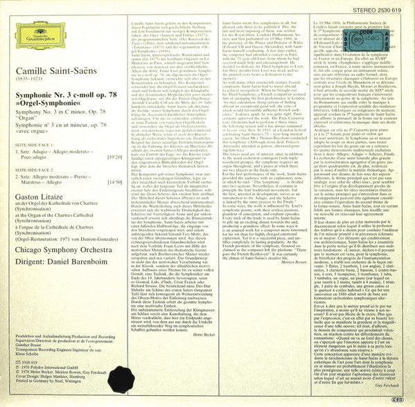 Camille Saint-Saëns, Gaston Litaize, Chicago Symphony Orchestra, Daniel Barenboim – Symphony No. 3 ”Organ” · „Orgel-Symphonie” LP vinyl record, image 2 of 4