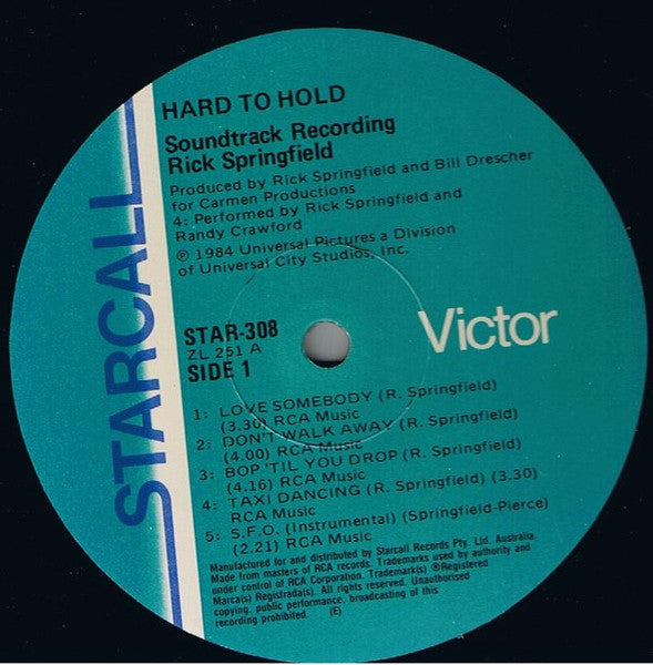 Rick Springfield – Hard To Hold - Soundtrack Recording LP vinyl record, image 4 of 5