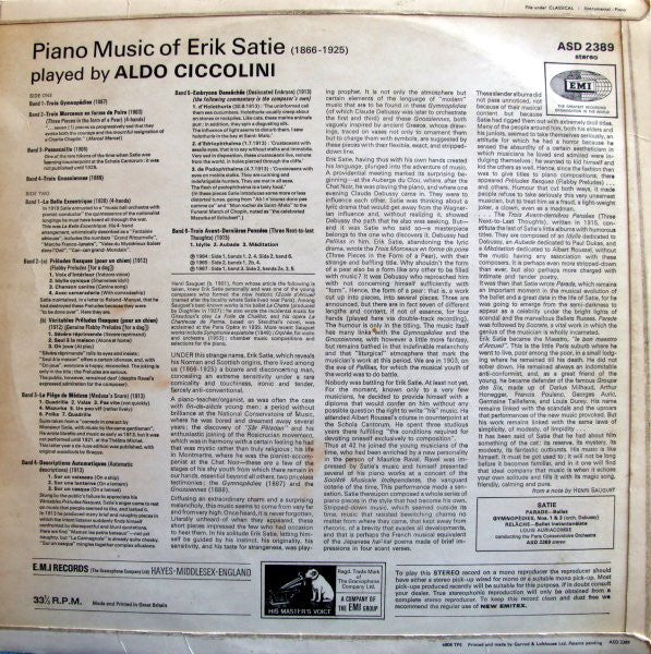 Erik Satie, Aldo Ciccolini – Piano Music LP vinyl record, image 2 of 2