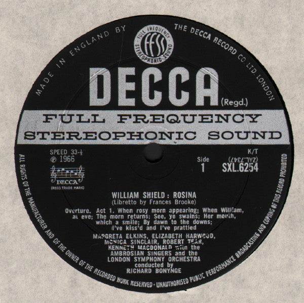 William Shield, London Symphony Orchestra, Richard Bonynge, Margreta Elkins, Robert Tear, Elizabeth Harwood, Monica Sinclair, Kenneth Macdonald, The Ambrosian Singers – Rosina LP vinyl record, image 3 of 3