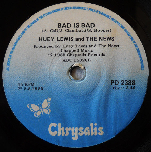 Huey Lewis & The News – The Power Of Love / Bad Is Bad 7" vinyl record, image 4 of 4