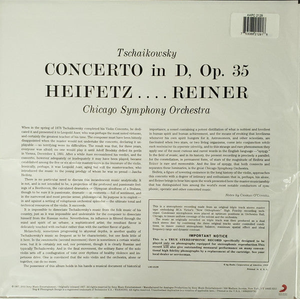 Pyotr Ilyich Tchaikovsky, Jascha Heifetz, Fritz Reiner, Chicago Symphony Orchestra – Violin Concerto LP vinyl record, image 2 of 4