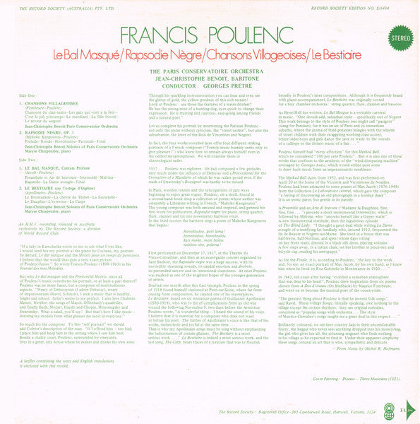 Francis Poulenc – Le Bal Masqué • Rapsodie Nègre • Chansons Villageoises • Le Bestiaire LP vinyl record, image 2 of 10