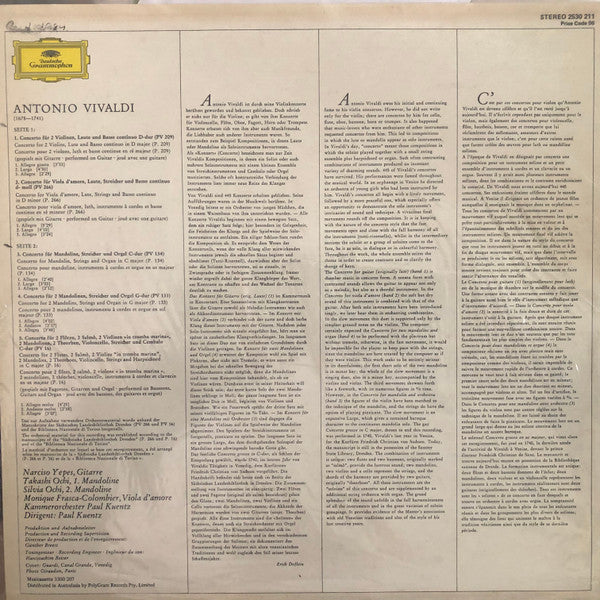 Antonio Vivaldi, Narciso Yepes, Takashi Ochi, Silvia Ochi, Orchestre De Chambre Paul Kuentz – Konzerte Für Laute (Gitarre) & Mandoline LP vinyl record, image 2 of 4