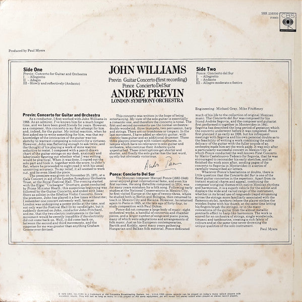 John Williams, André Previn, London Symphony Orchestra, André Previn, Manuel María Ponce Cuéllar – Guitar Concerto / Concierto Del Sur LP vinyl record, image 2 of 4