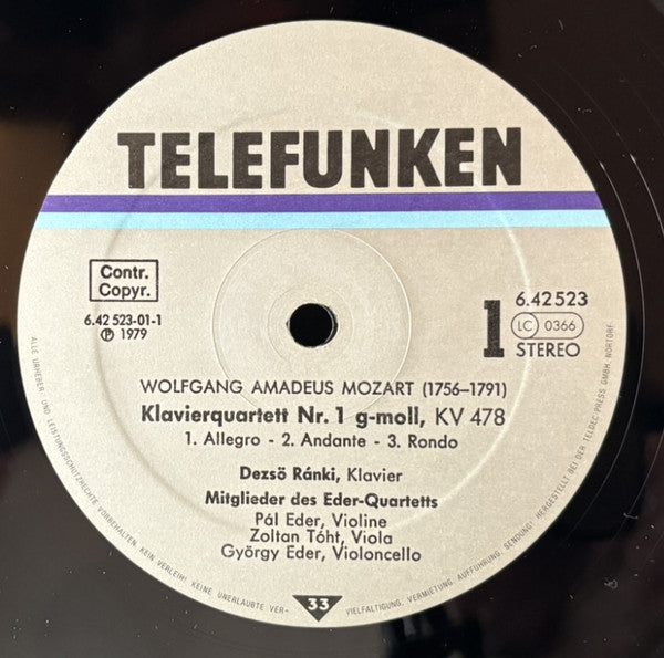Wolfgang Amadeus Mozart, Dezső Ránki, Éder Quartet – Klavierquartette - Piano Quartets - Quatuors pour piano KV 478 & 493 LP vinyl record, image 5 of 6