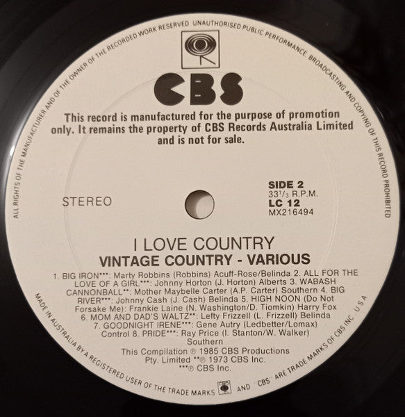 Various – I Love Country (Vintage Country) LP vinyl record, image 4 of 4