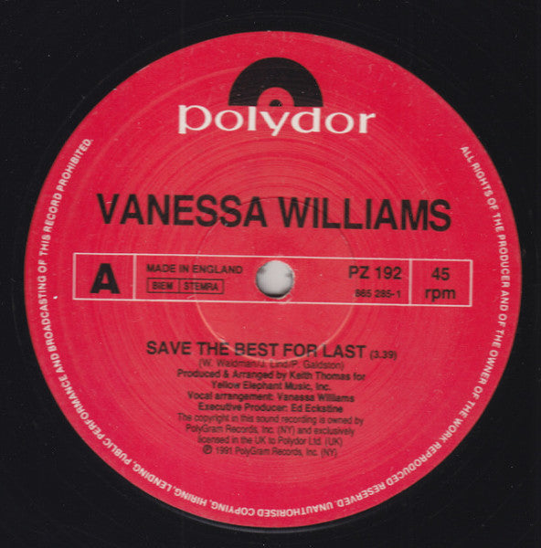 Vanessa Williams – Save The Best For Last 12" vinyl record, image 3 of 4