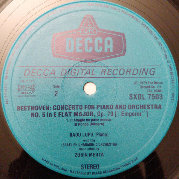 Ludwig Van Beethoven, Radu Lupu, Israel Philharmonic Orchestra, Zubin Mehta – Piano Concerto No.5 "Emperor" LP vinyl record, image 4 of 4