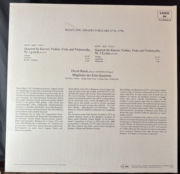 Wolfgang Amadeus Mozart, Dezső Ránki, Éder Quartet – Klavierquartette - Piano Quartets - Quatuors pour piano KV 478 & 493 LP vinyl record, image 2 of 6