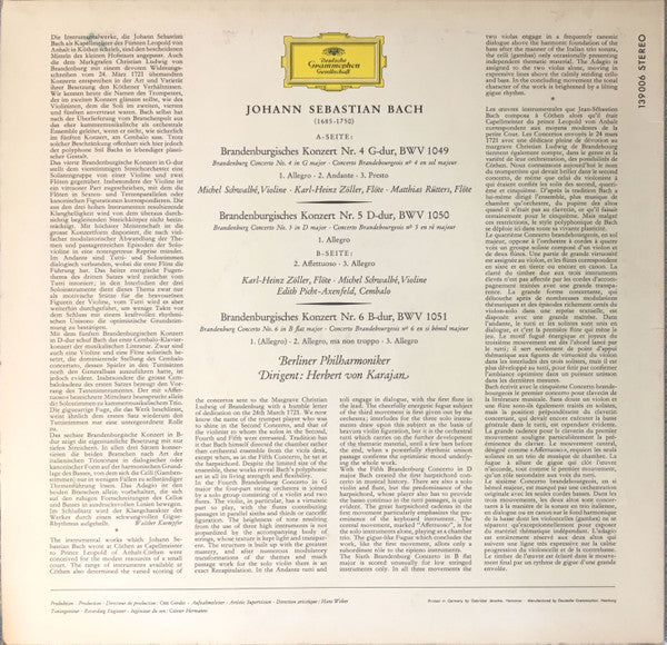 Johann Sebastian Bach, Herbert Von Karajan, Berliner Philharmoniker – Brandenburgische Konzerte Nr. 4, 5 & 6 LP vinyl record, image 2 of 7