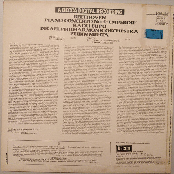 Ludwig Van Beethoven, Radu Lupu, Israel Philharmonic Orchestra, Zubin Mehta – Piano Concerto No.5 "Emperor" LP vinyl record, image 2 of 4