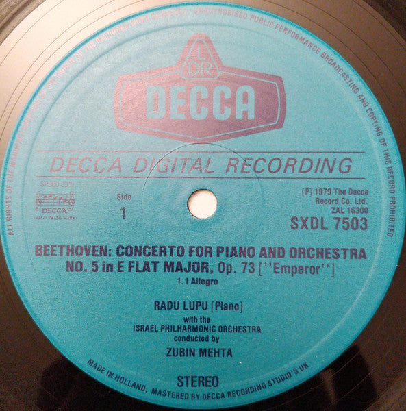 Ludwig Van Beethoven, Radu Lupu, Israel Philharmonic Orchestra, Zubin Mehta – Piano Concerto No.5 "Emperor" LP vinyl record, image 3 of 4