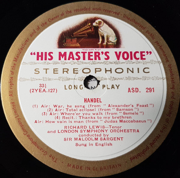 Richard Lewis, Georg Friedrich Händel, London Symphony Orchestra, Sir Malcolm Sargent – Handel Airs Sung By Richard Lewis LP vinyl record, image 3 of 4