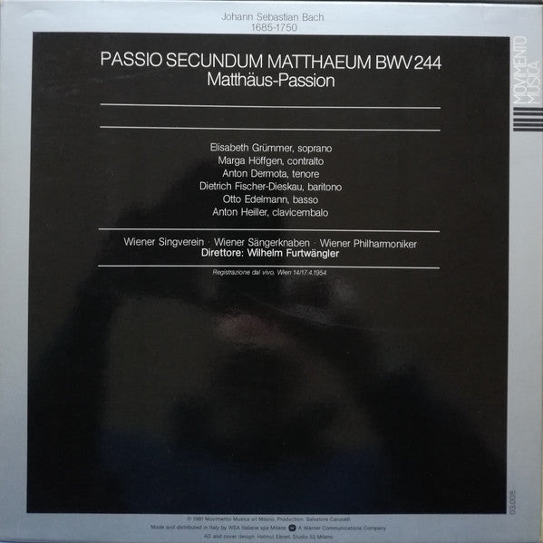 Johann Sebastian Bach, Anton Dermota, Dietrich Fischer-Dieskau, Elisabeth Grümmer, Marga Höffgen, Otto Edelmann, Wiener Akademie Kammerchor, Die Wiener Sängerknaben, Wiener Philharmoniker, Wilhelm Furtwängler – Passio Secundum Matthaeum BWV 244 (3xLP) LP vinyl record, image 2 of 9
